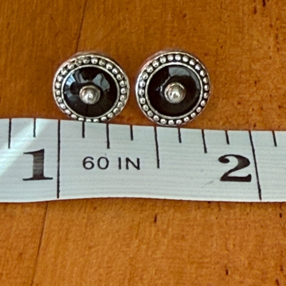 Silver Tone Black Enamel Beaded Round Stud Earrings Vintage Style Post Backs